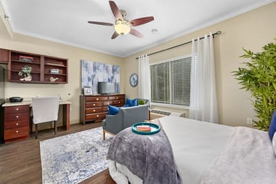 Cozy resident room with modern furnishings and decor