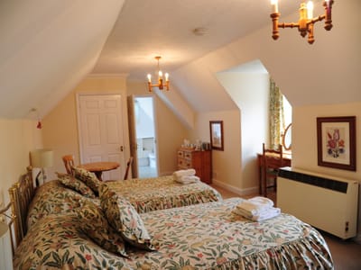 Cozy twin room with floral bedding and natural light