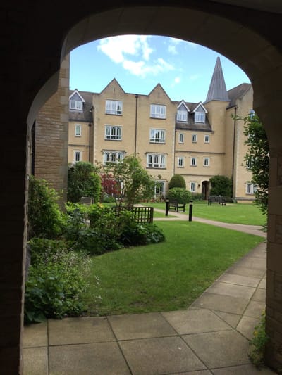 View of a courtyard with greenery and building in background