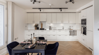 Modern activity room with a dining table setup