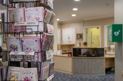 Interior view of a card display near the reception area