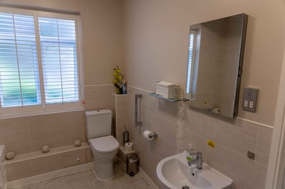 Bright and clean bathroom in a senior living facility