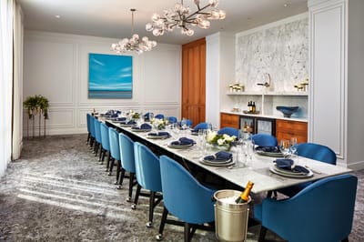 Elegant dining room setting with a long table