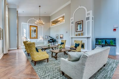 Bright and inviting common area with seating and decor