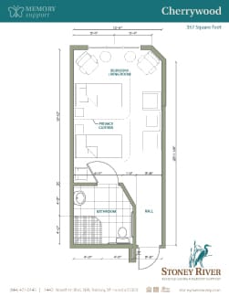 Architectural floor plan of Cherrywood model, 357 square feet