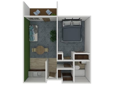 Architectural floor plan of a one-bedroom unit