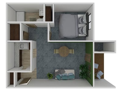 3D rendering of a small apartment layout