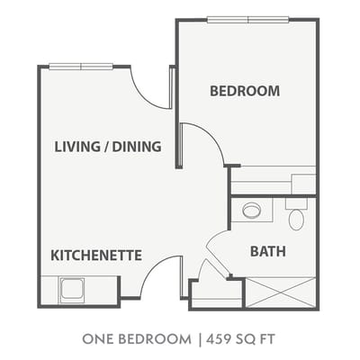 Architectural floor plan of a one-bedroom unit