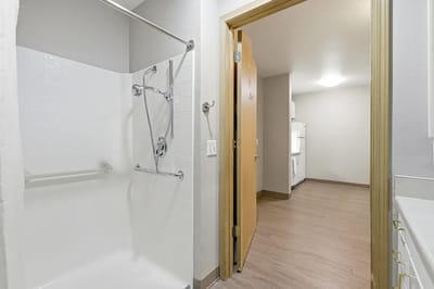 Bathroom view of a resident room with shower