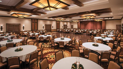 Interior view of a large decorated dining area