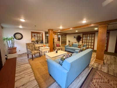 Cozy common area with colorful furniture and decor