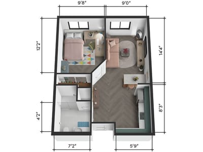 Architectural floor plan of a senior living unit