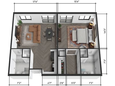 Architectural floor plan of a two-bedroom unit