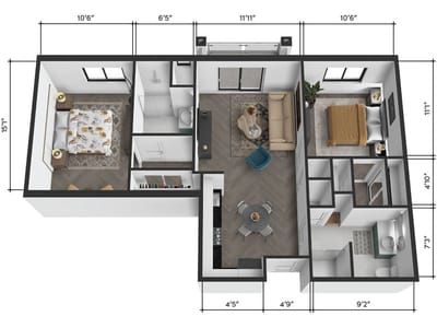 Architectural floor plan of a senior living apartment