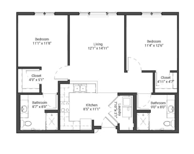 Architectural floor plan of a senior living unit