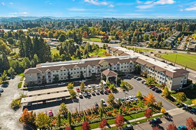 Aerial view of Volante Senior Living and surrounding gardens.