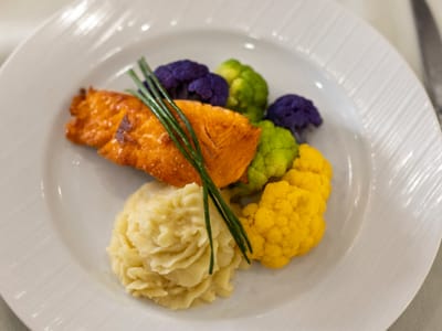 Mirador, Nursing Home in Corpus Christi, TX — Plated salmon dish with colorful vegetables and mashed potatoes