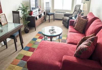 Cozy living room area in an assisted living facility.