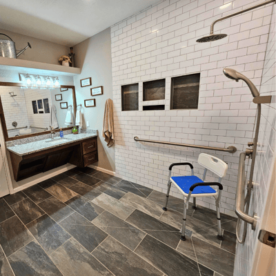 Accessible bathroom with safety features and modern design.