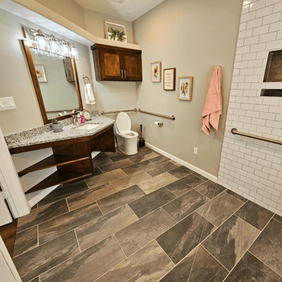 Bright, modern bathroom with accessibility features.