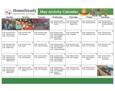 Calendar of activities for May at HomeSteady Assisted Living