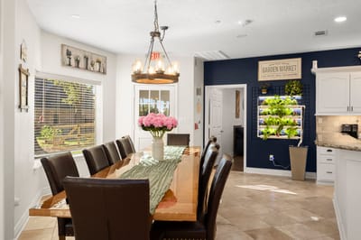 Dining area with a large table and greenery.