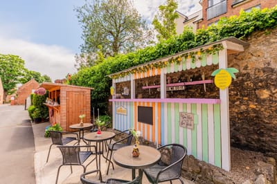 Colorful outdoor seating area with decor