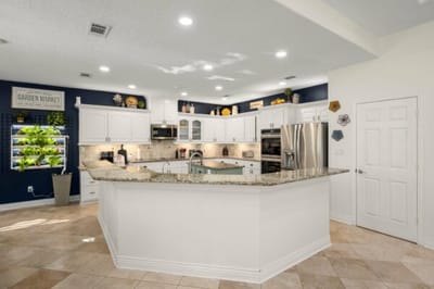 Modern kitchen layout with granite countertops.