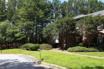 Lush outdoor space with trees and shrubs at the facility