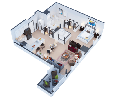 3D floor plan of a residential suite.