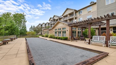 Outdoor space with seating and landscaped area