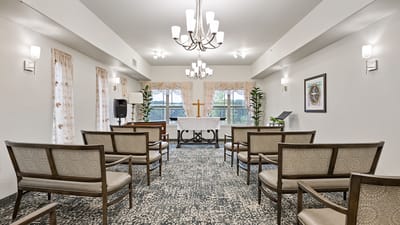 Chapel interior with seating and altar.