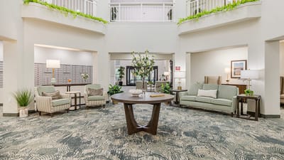 Common area with seating and decor.