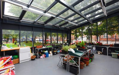 Well-lit greenhouse with plants and gardening supplies.