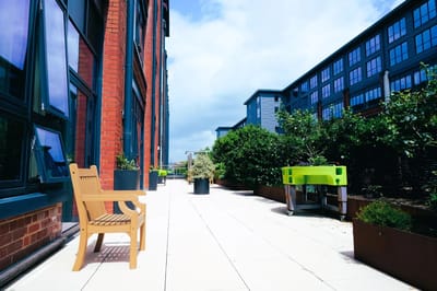 Outdoor seating space with greenery