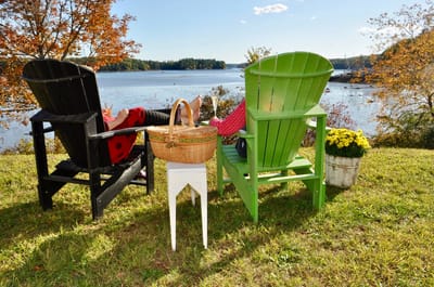 Two chairs overlooking a serene lake view.