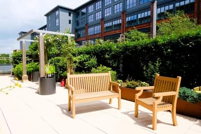 Outdoor seating area with greenery