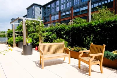 Outdoor seating area with greenery