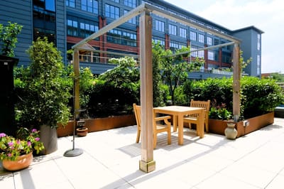 Outdoor seating area with a table and plants.