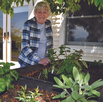 Resident tending to plants in a garden.