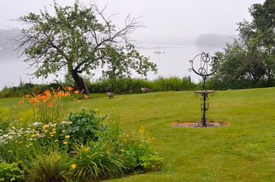 Gardens by the water with flowers and trees.