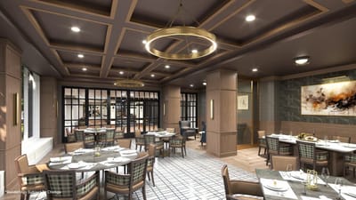 Elegant dining room with tables set for residents