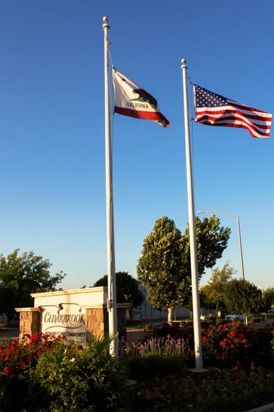 Facility signage with flags and flowers