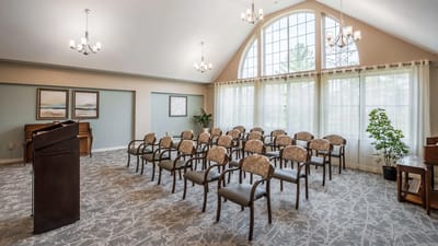 Interior view of a large activity room with seating
