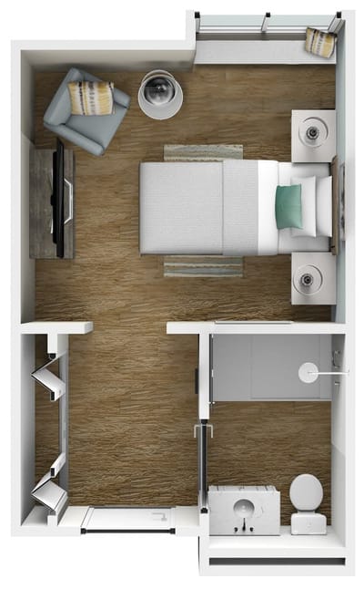 Interior view of a private resident room layout