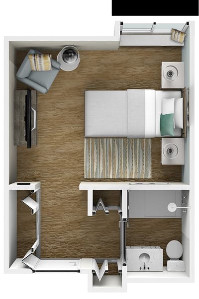 An interior view of a furnished resident room