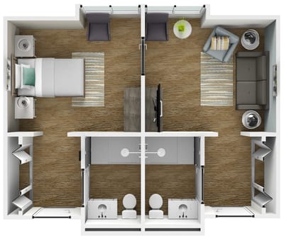 Floor plan of a private resident suite with living area