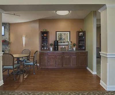 Bright common area with seating and refreshments