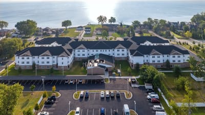 Aerial view of the American House Lakeshore facility by the water
