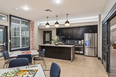Bright and modern interior of a common area with tables